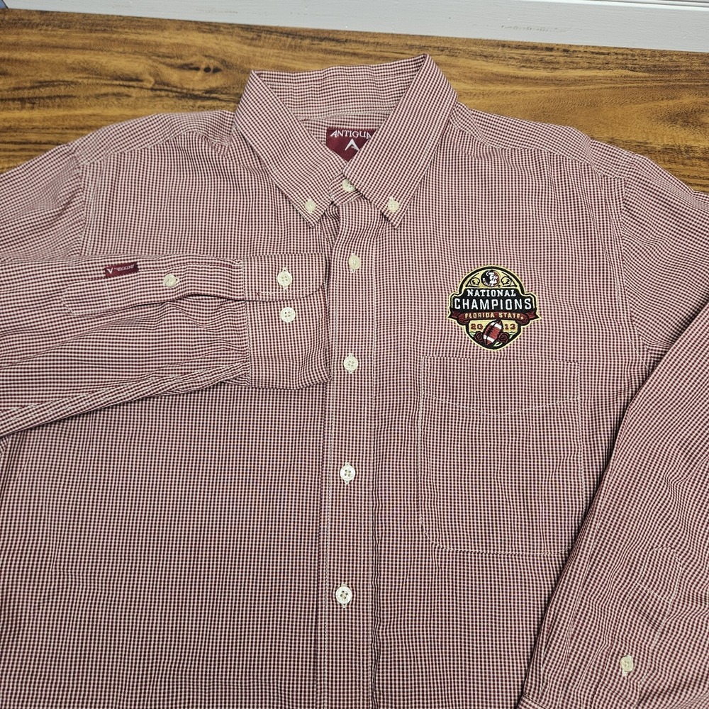 Antigua FSU Seminoles 2013 National Champions Shirt Mens L Red Check Button Up